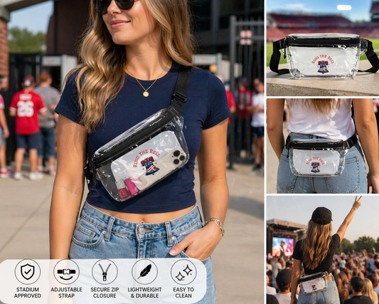 Woman wearing a clear fanny pack with a logo, surrounded by images of the product and features.