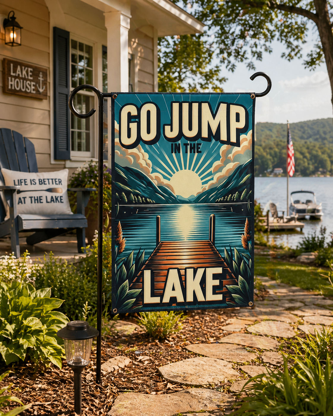 Decorative garden flag with 'Go Jump in the Lake' text in front of a lakeside house.