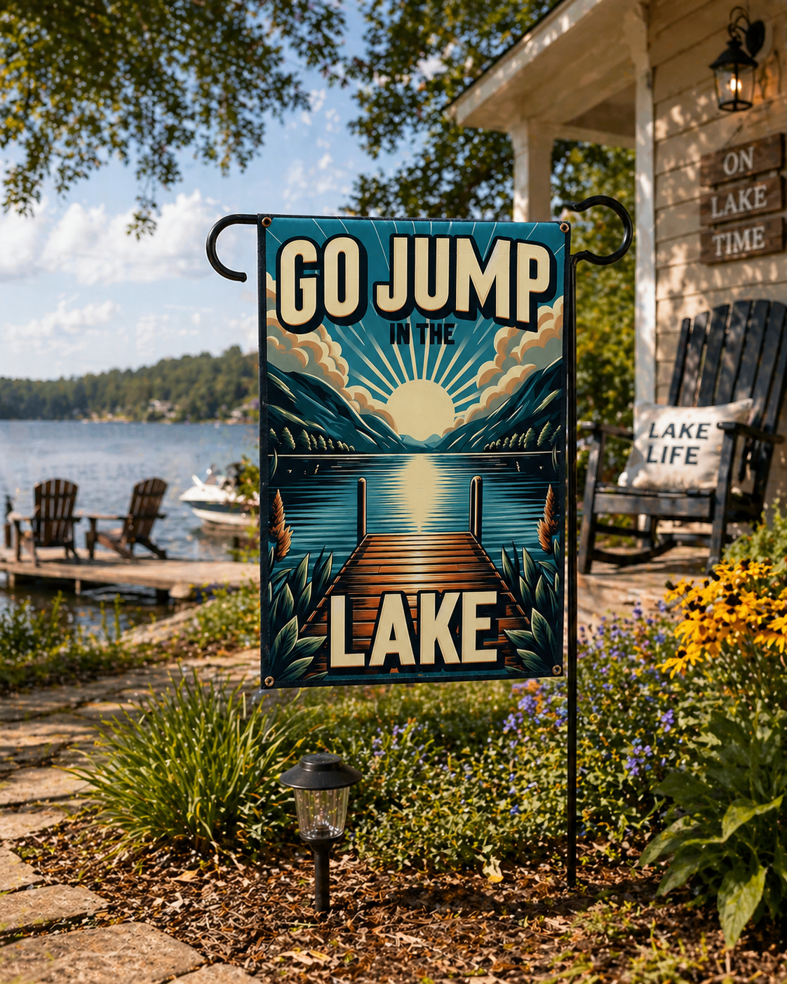 Decorative garden flag with 'Go Jump in the Lake' text in a lakeside setting.