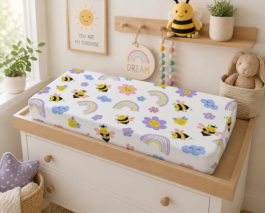 Children's changing table with colorful pattern in a nursery setting