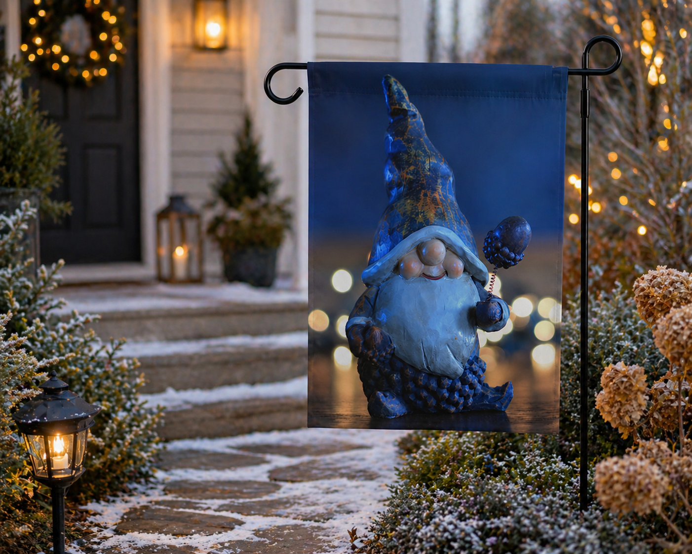 Gnome garden flag on a pole in front of a house 