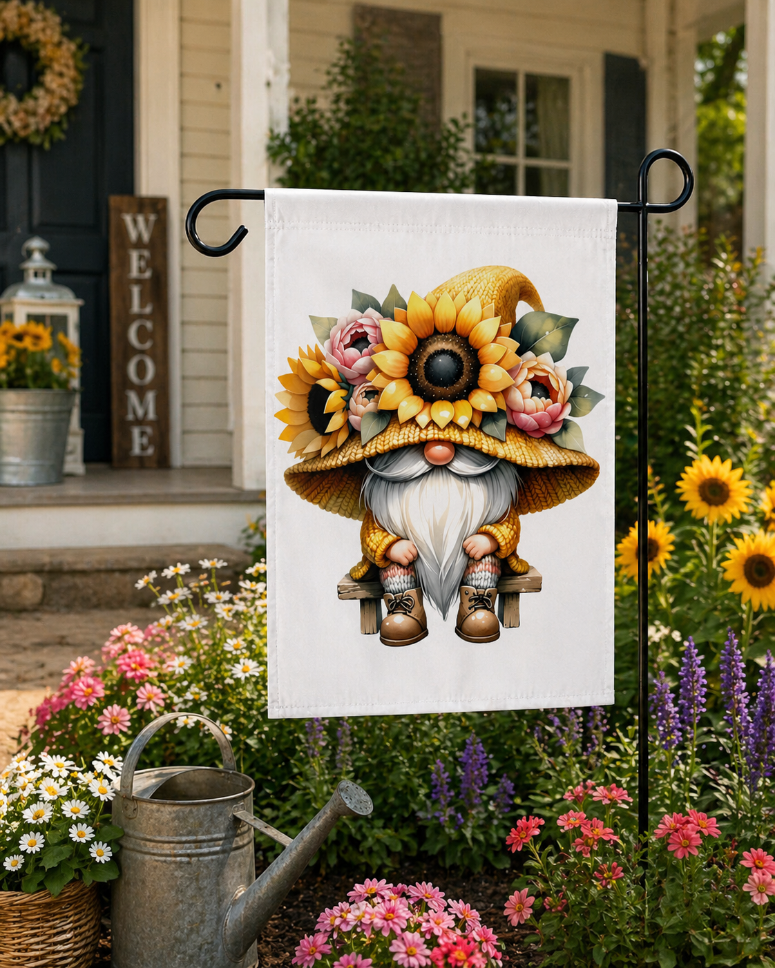 Gnome garden flag with sunflower hat in a garden setting