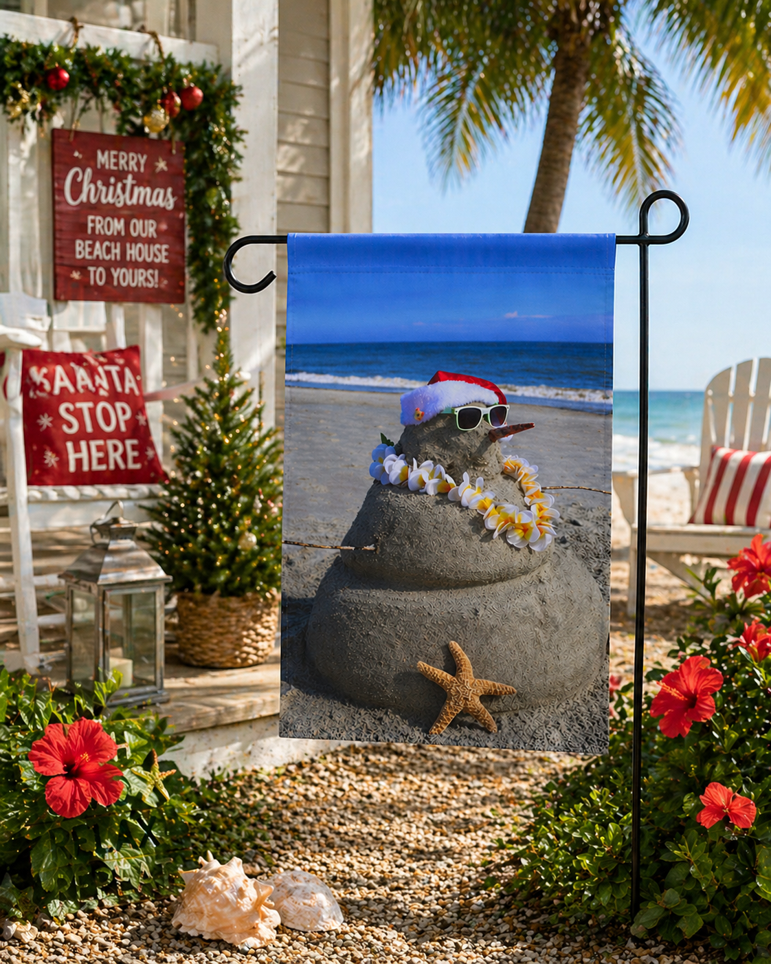 Decorative garden flag with sand sculpture wearing a Santa hat on a beach, surrounded by Christmas decorations.