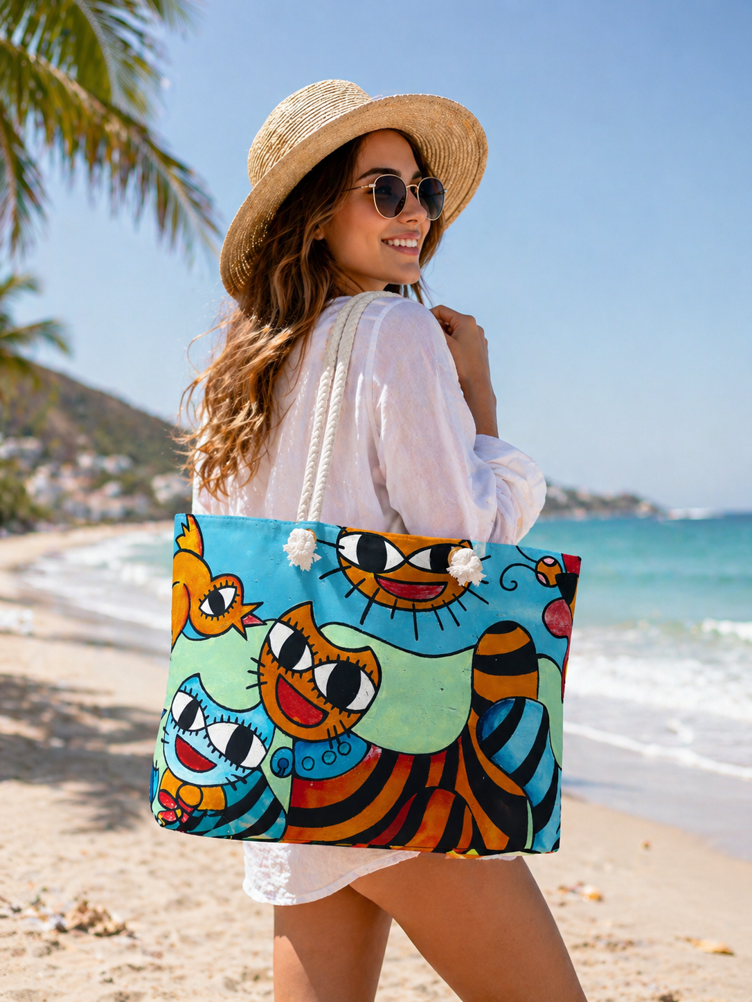 Woman on a beach holding a colorful tote bag with cat designs