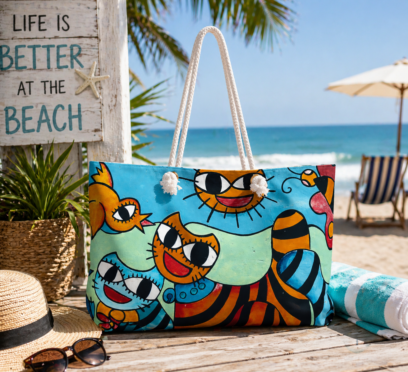 Colorful beach bag with cat design on a wooden surface by the ocean.