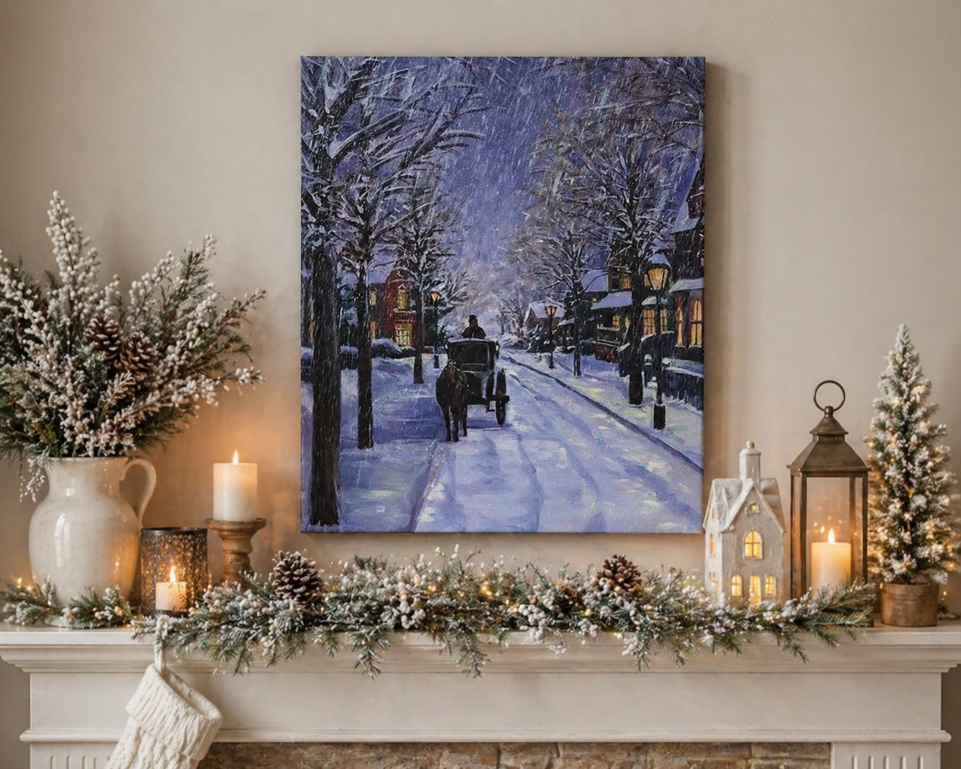 Decorative mantel with a winter scene painting, candles, and festive decorations.