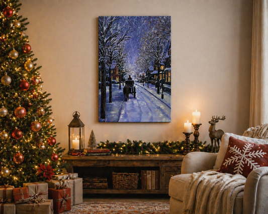 Cozy living room decorated for Christmas with a tree, presents, and a snowy scene painting.