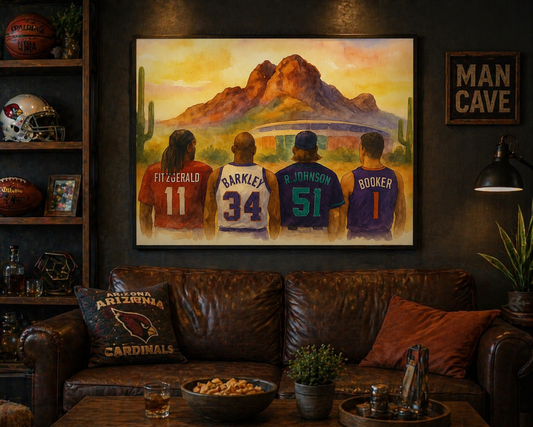 Living room with a painting of four people in sports jerseys on a wall, surrounded by sports memorabilia.