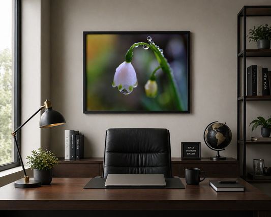 Dew Drop Flower Framed Wall Art – Macro Nature Photography, Minimalist Floral Print, Elegant Botanical Home Decor