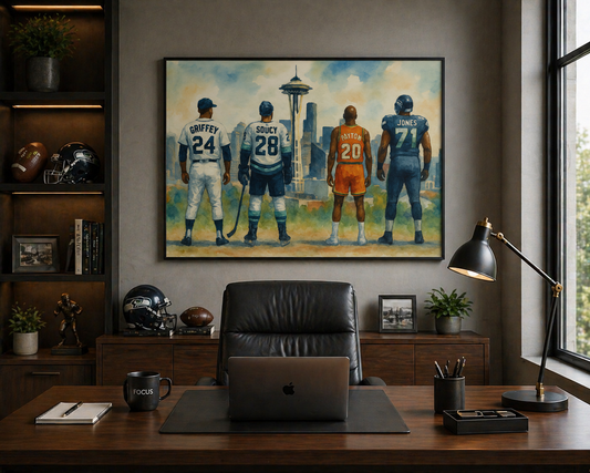 Seattle Sports Legends Art Poster or Canvas,  Space Needle Skyline Watercolor, Seattle Wall Decor