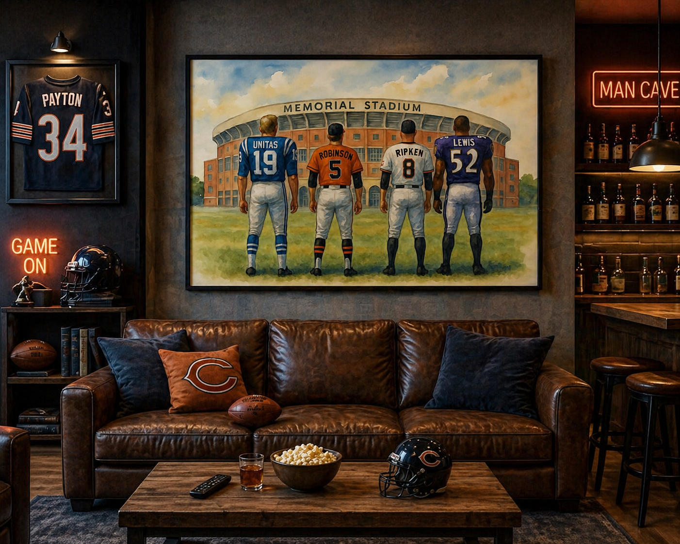 Living room with sports-themed decor, including a painting of football players and sports memorabilia.