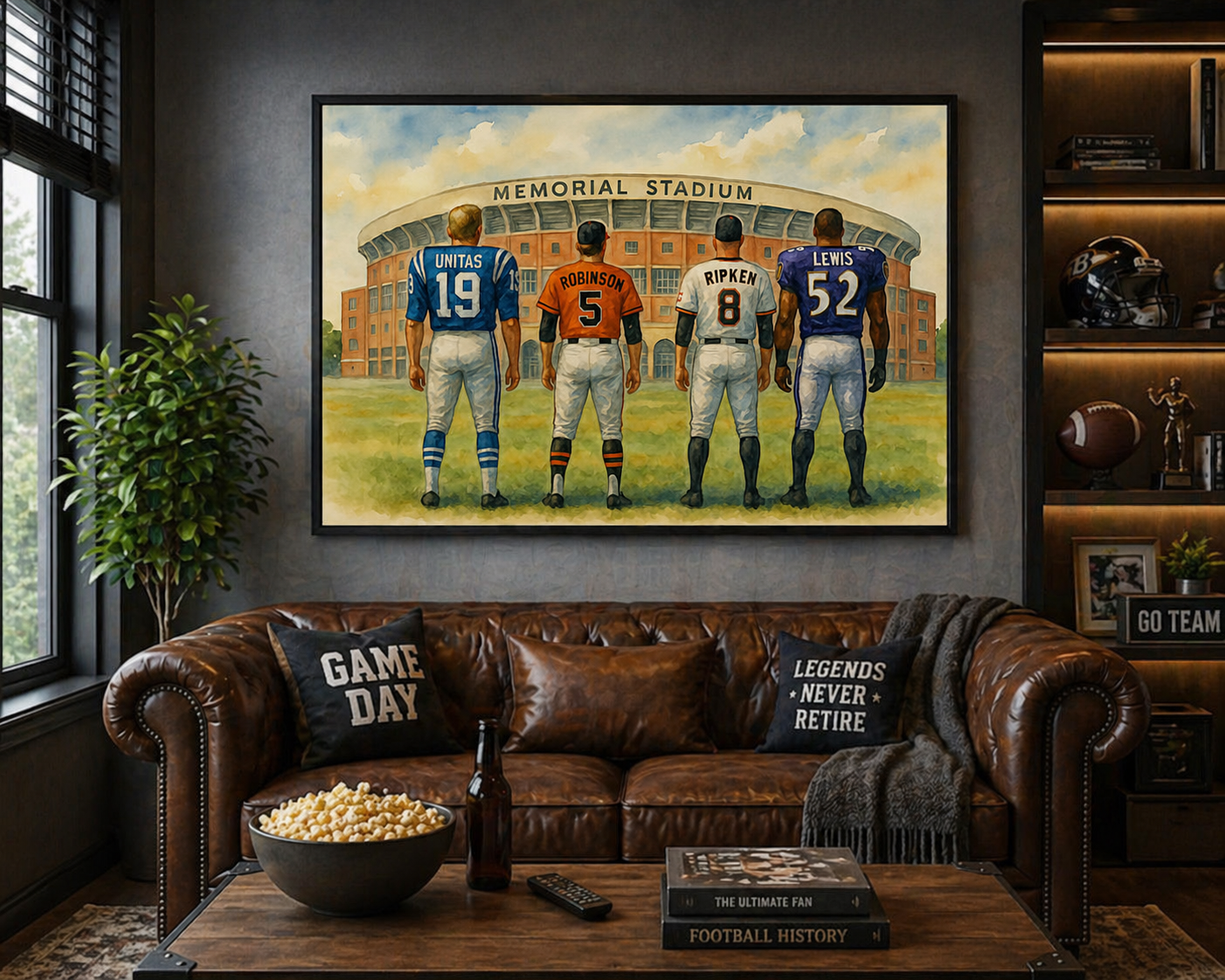 Framed artwork of football players in front of Memorial Stadium in a living room setting.