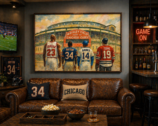 Living room with sports-themed decor, including a painting of baseball players and a 'Game On' neon sign.