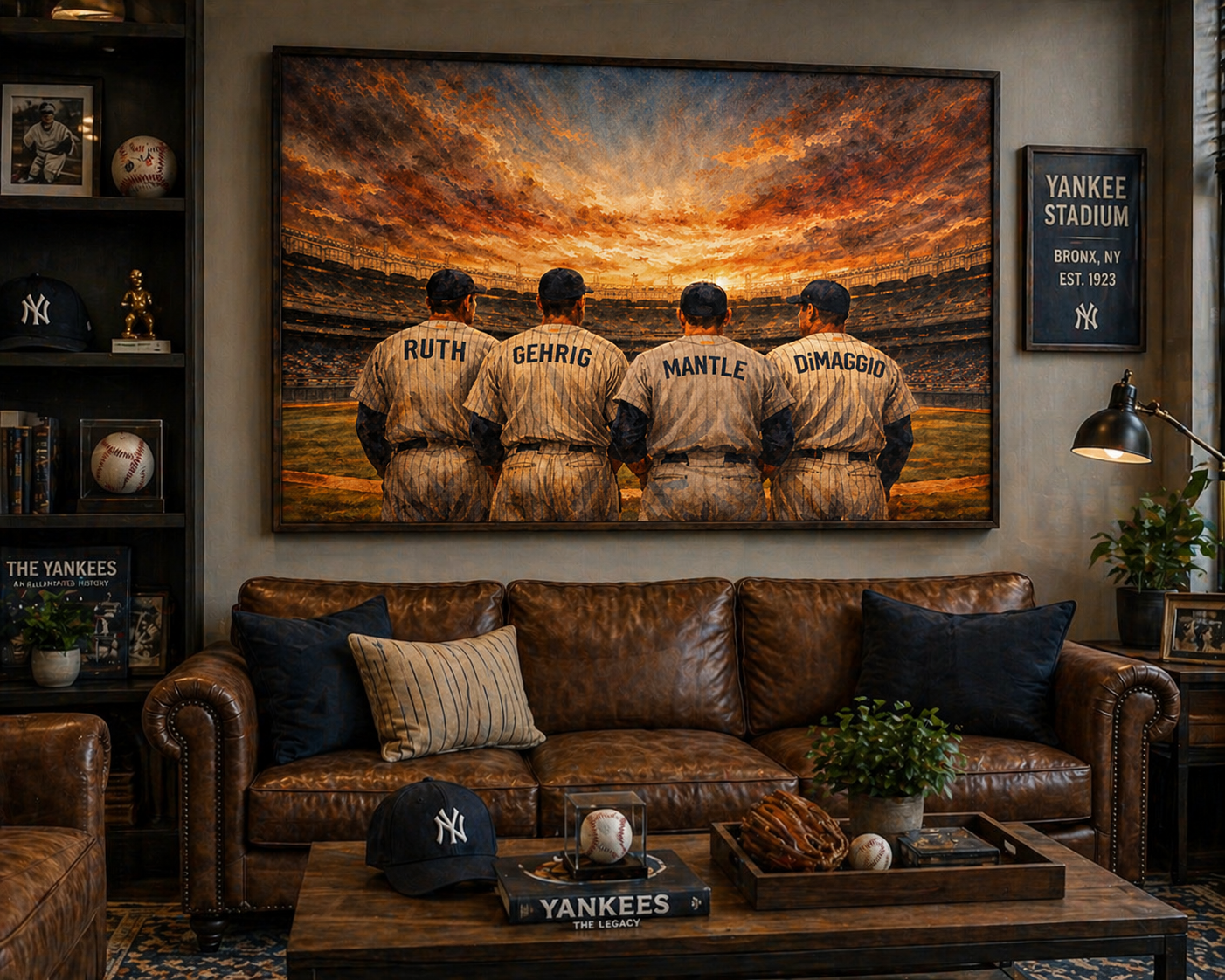 Living room with a large painting of baseball players on a wall above a brown leather sofa.