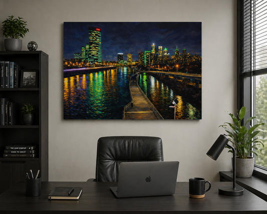 Modern office setup with a cityscape painting on the wall
