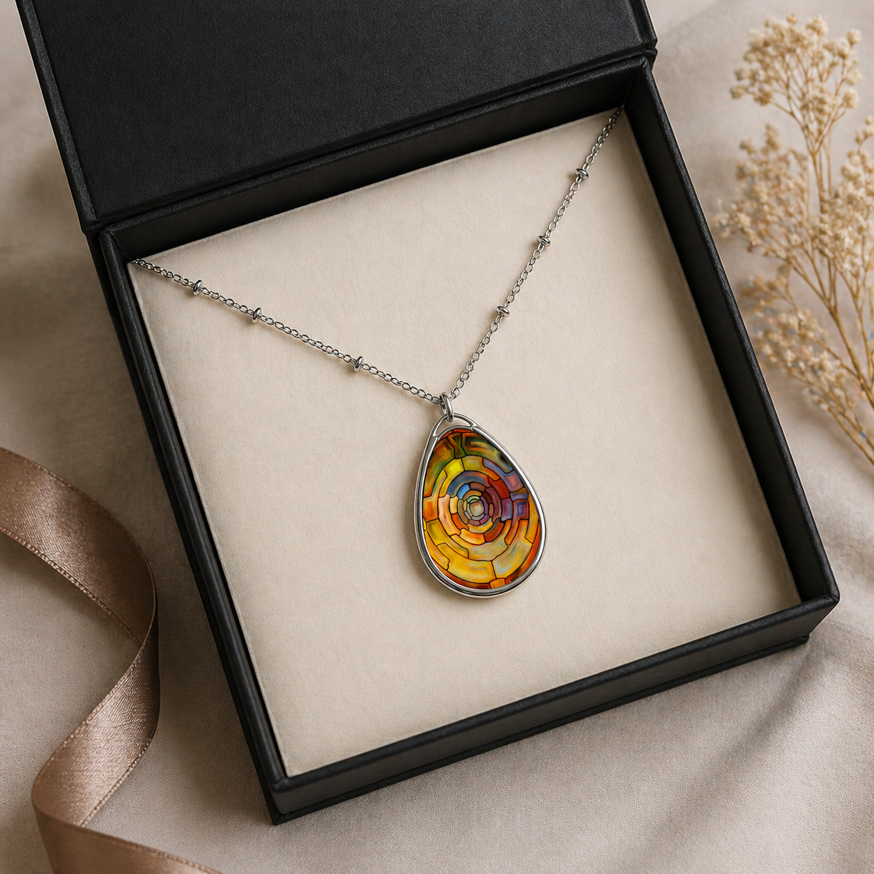 Colorful pendant necklace in a black box with a beige ribbon and dried flowers.