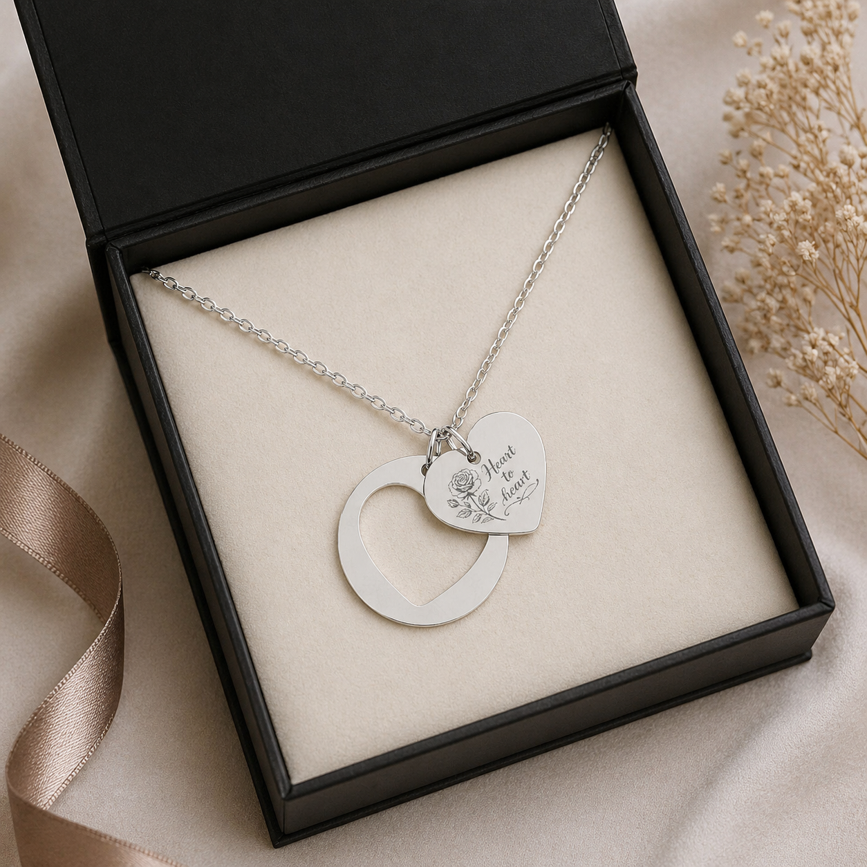 Heart to Heart Necklace – Engraved Rose Pendant Necklace, Stainless Steel, 18K Gold & Rose Gold Plated Jewelry