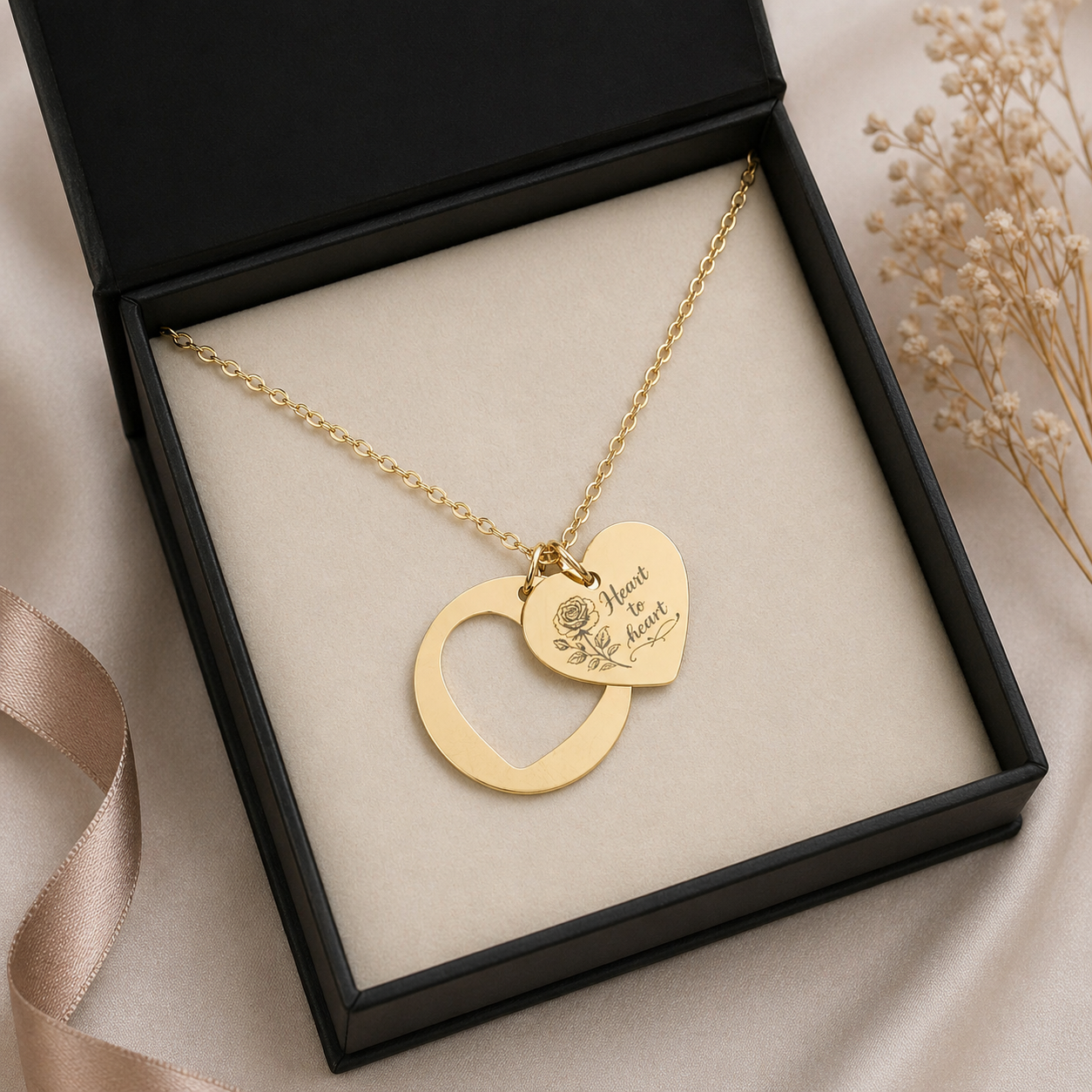 Heart to Heart Necklace – Engraved Rose Pendant Necklace, Stainless Steel, 18K Gold & Rose Gold Plated Jewelry
