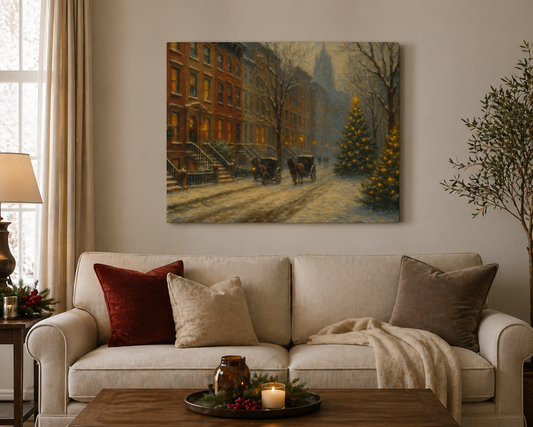 Living room with beige sofa, decorative pillows, and a painting of a snowy street scene on the wall.