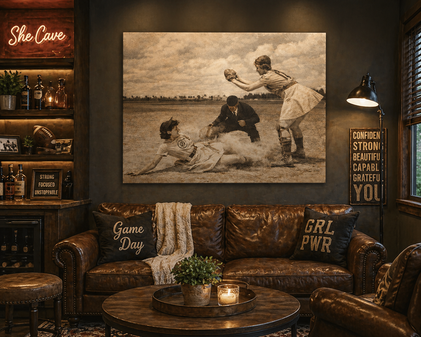 Living room with brown leather sofa, decorative pillows, and a large wall art of a vintage baseball scene.