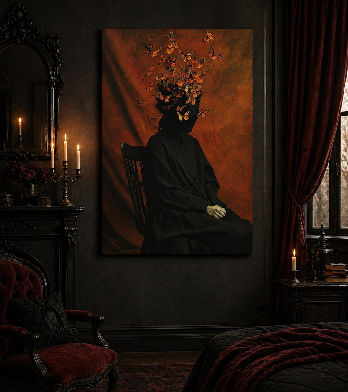 Dark-themed room with a large painting of a silhouette holding flowers against a red background.