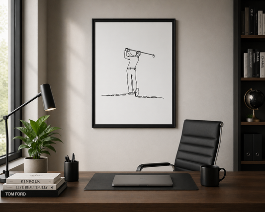 Modern office setup with a framed black and white line art print of a golfer, desk, chair, and decor items.