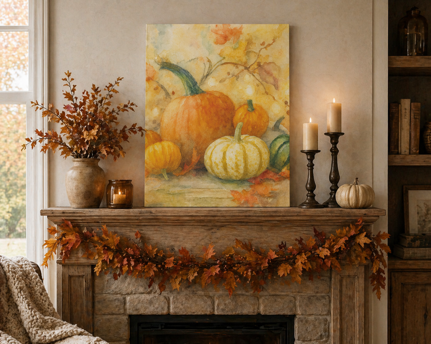 Decorative autumn mantel with pumpkins, candles, and leaves on a fireplace.
