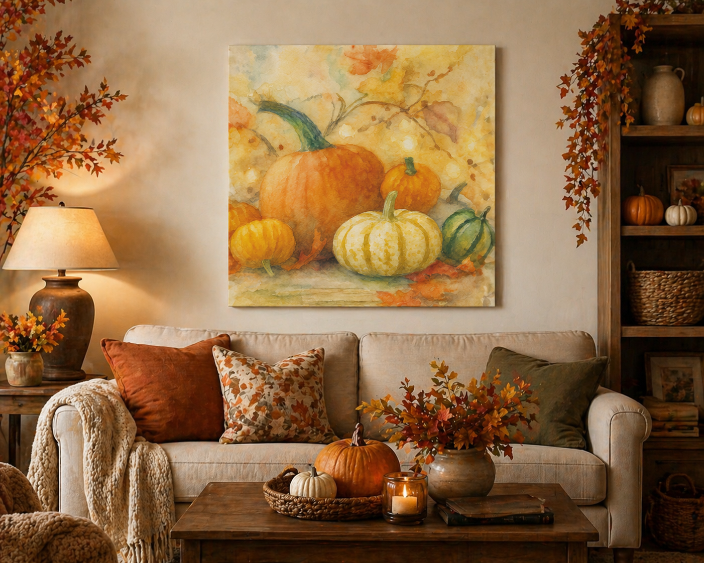 Cozy living room with autumn decorations, including pumpkins and leaves, on a beige sofa.