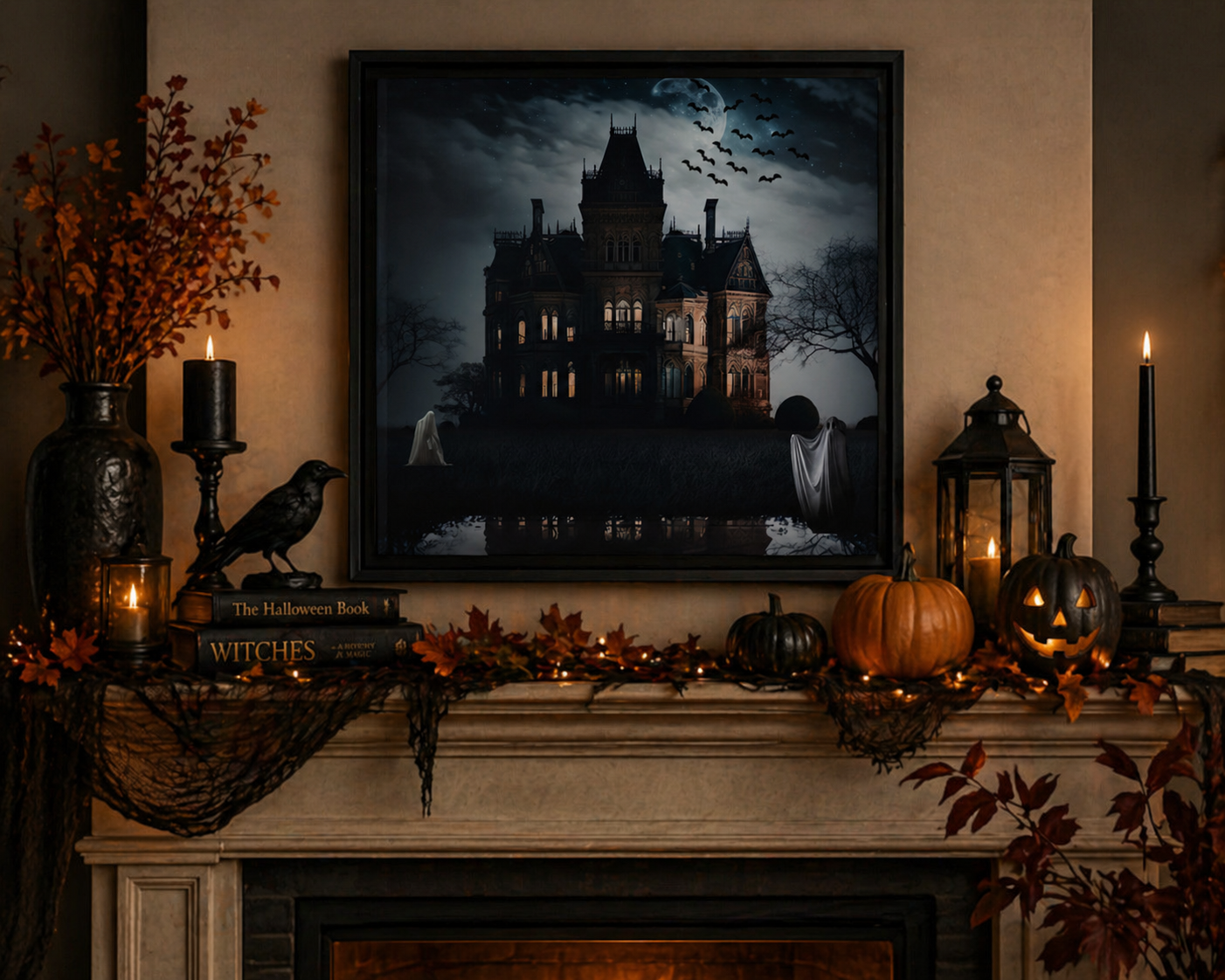 Halloween-themed fireplace mantel with a dark painting of a haunted house, candles, and pumpkins.