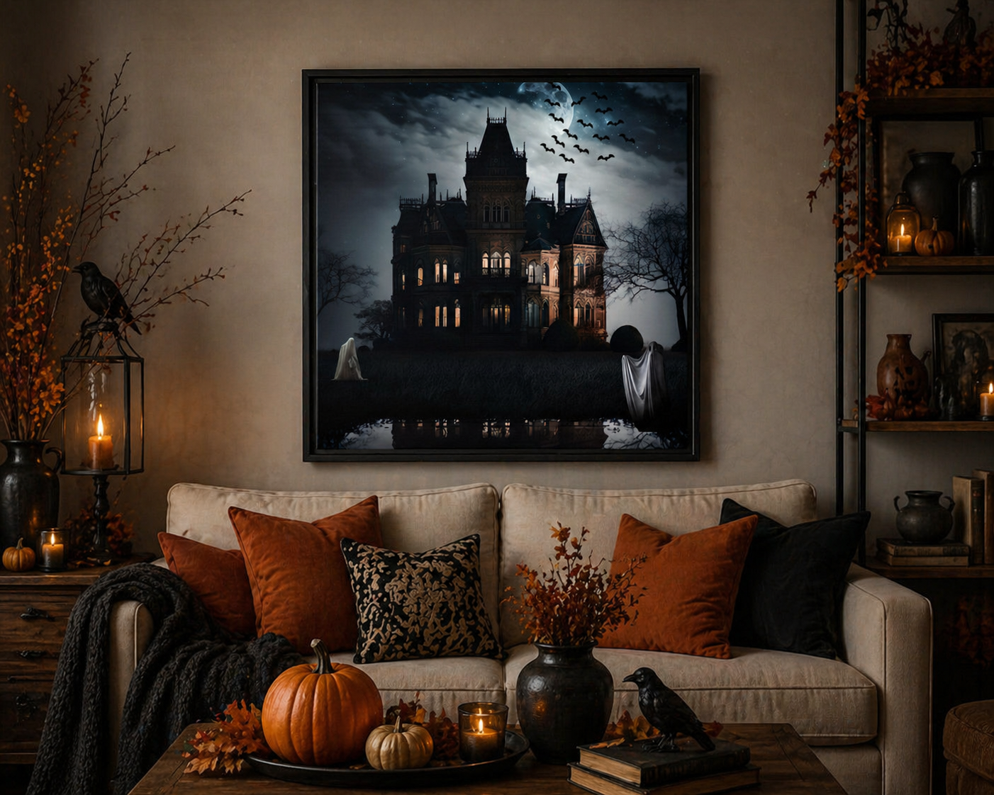 Living room with Halloween decor, including a framed picture of a haunted house, pumpkins, and candles.
