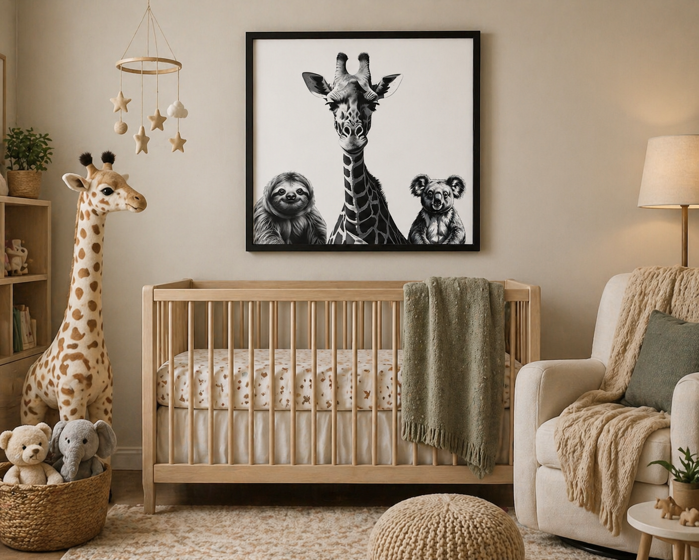 Giraffe, sloth and koala bear framed art in nursery