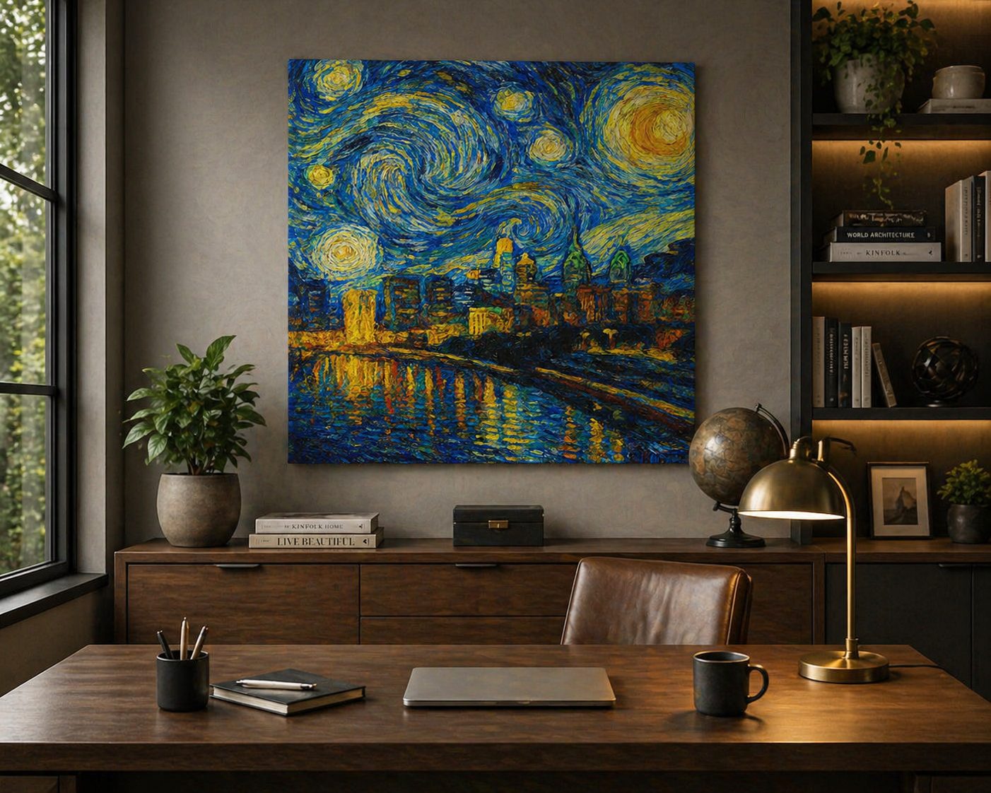 unframed philadelphia starry night skyline on office wall