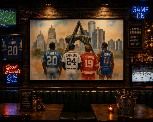 Bar interior with sports-themed artwork and neon signs.