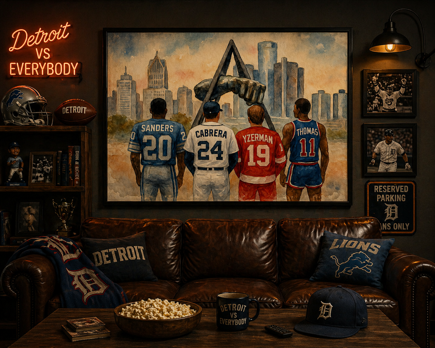 Living room with sports-themed decor, including a painting of four athletes and sports memorabilia.