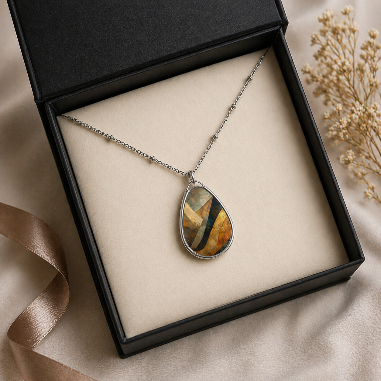 Necklace with a teardrop-shaped pendant in a black box on a beige surface.