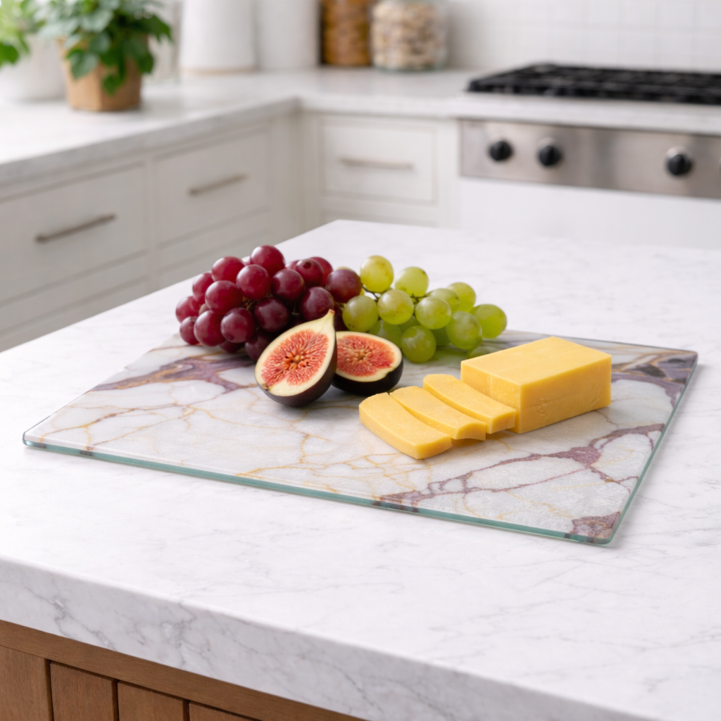 White Marble Glass Cutting Board | Gold Vein Kitchen Decor