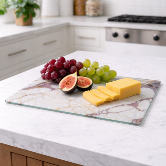 White Marble Glass Cutting Board | Gold Vein Kitchen Decor