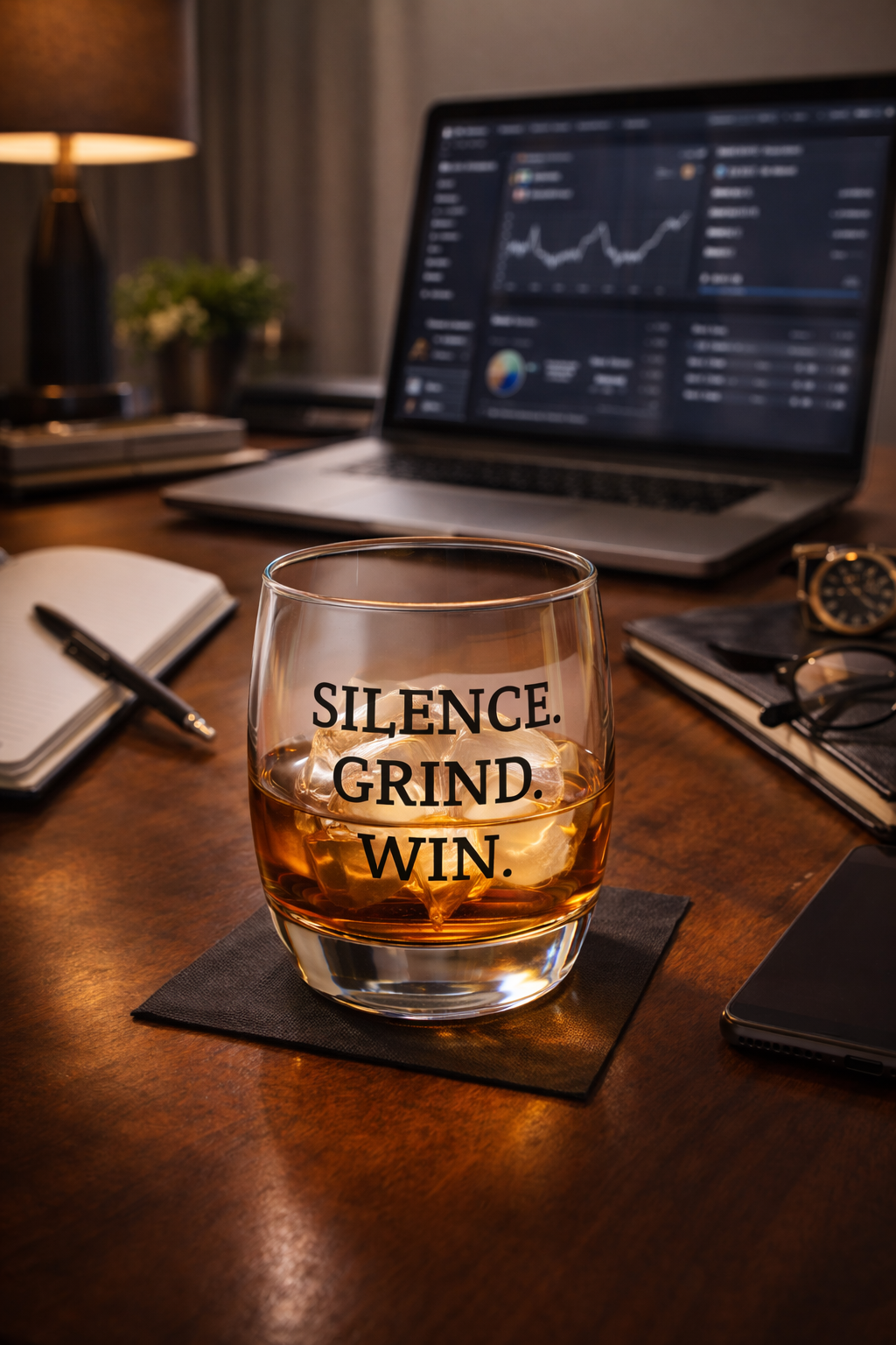 Hustle Mindset Whiskey Glass | Silence Grind Win Bar Glass