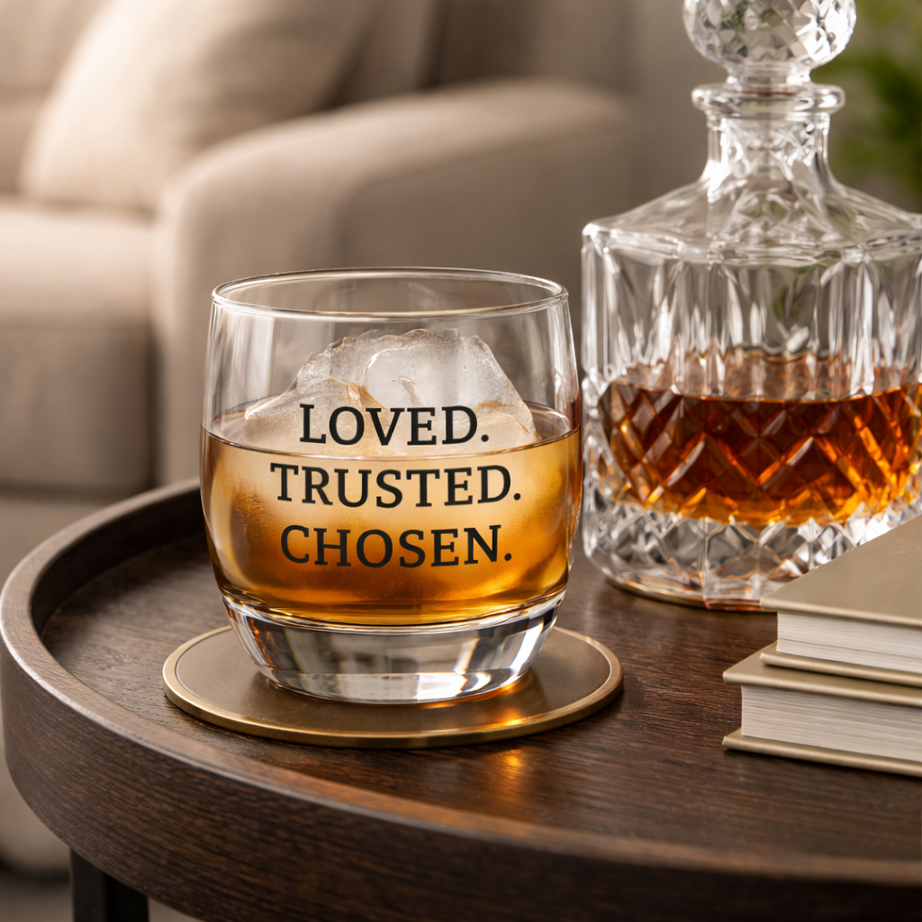 Loved Trusted Chosen Whiskey Glass | Faith Inspired Gift