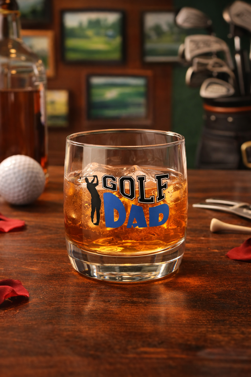 Glass of whiskey with 'GOLF DAD' text on a wooden table with golf-themed decor.
