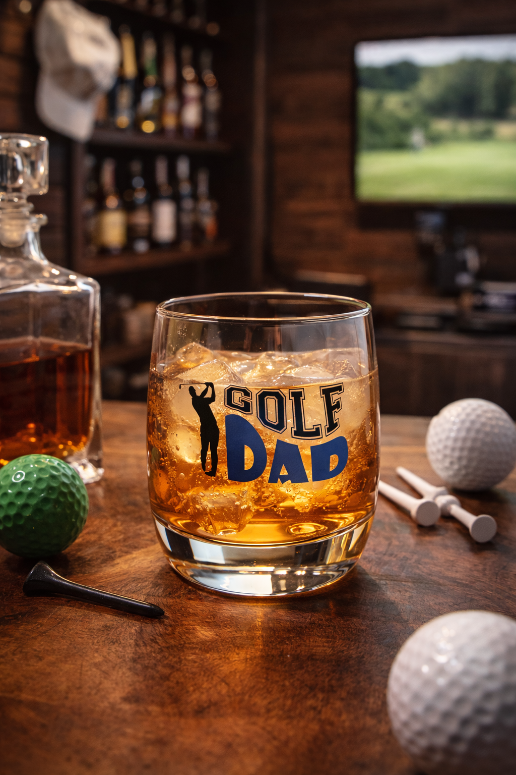 Glass of whiskey with 'Golf Dad' text on a table with golf balls and a TV in the background