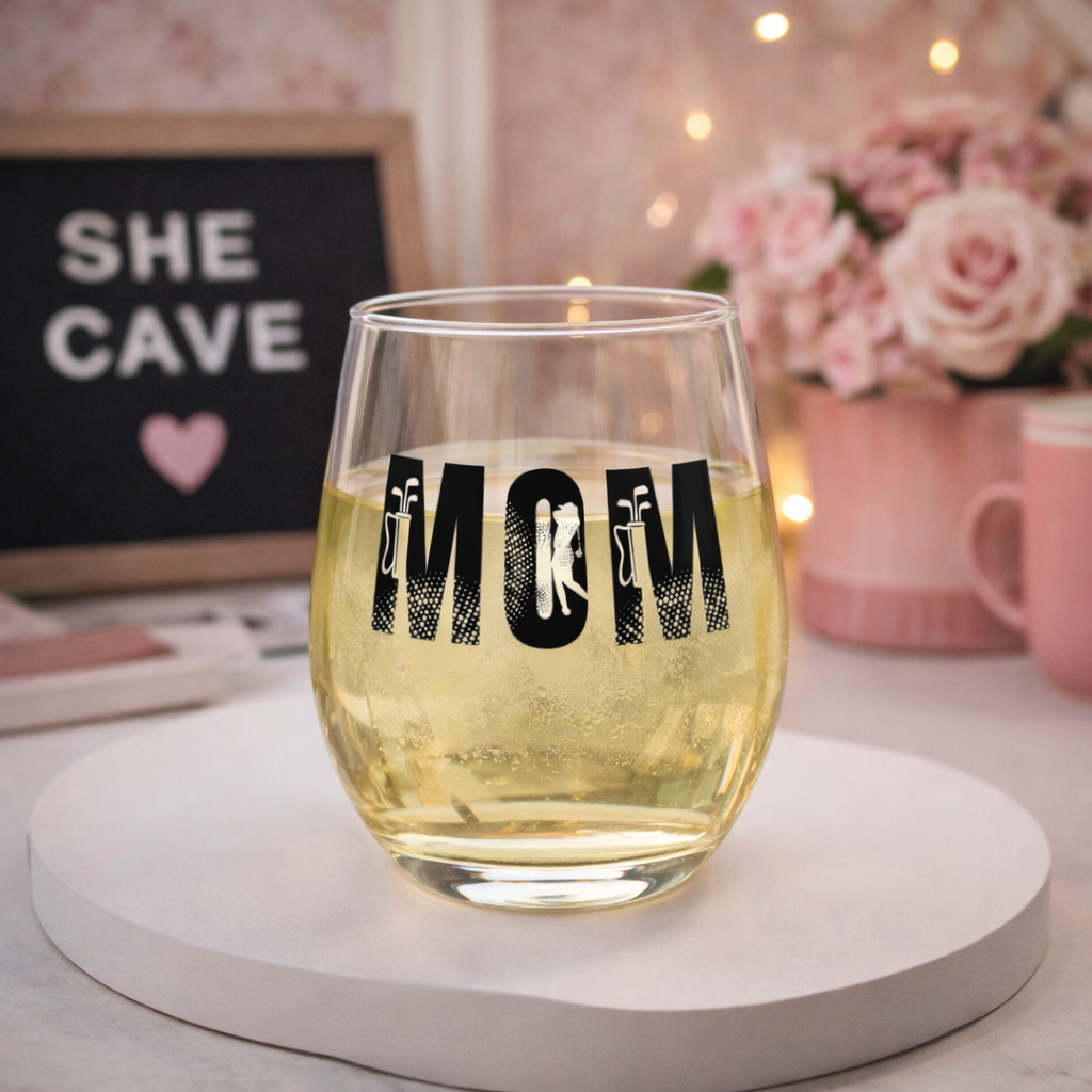 Glass of white wine with 'Mom' design on a table with decorative items in the background.