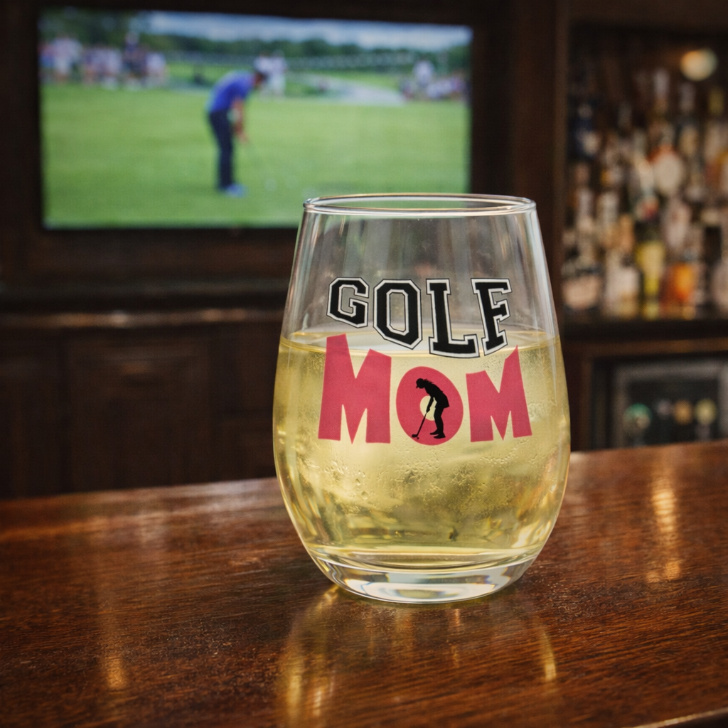 Glass with 'GOLF MOM' text on a wooden table with a TV in the background showing a golf game.