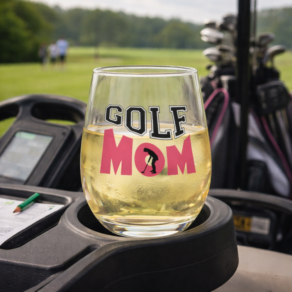Glass of wine with 'GOLF MOM' text on a golf cart, with golf clubs and grass in the background.