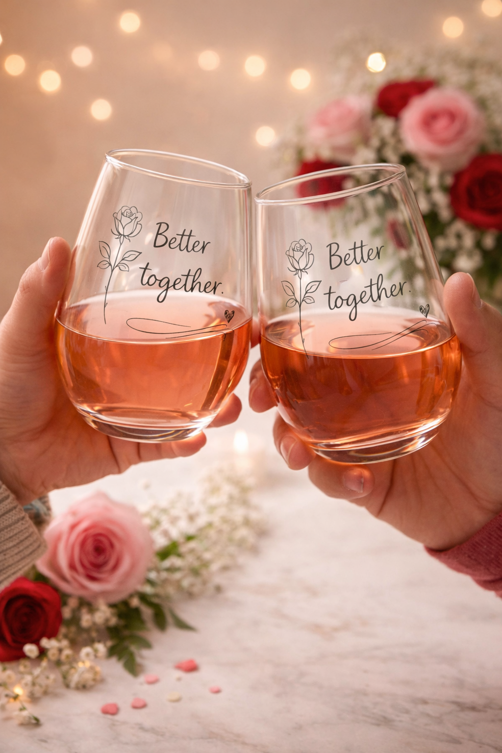 Two hands holding wine glasses with 'Better together' text, surrounded by flowers and lights.