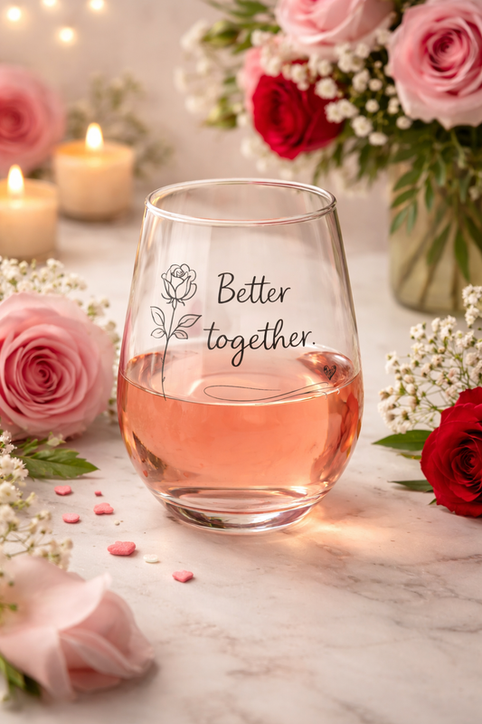 Stemless wine glass with 'Better Together' text on a table with roses and candles