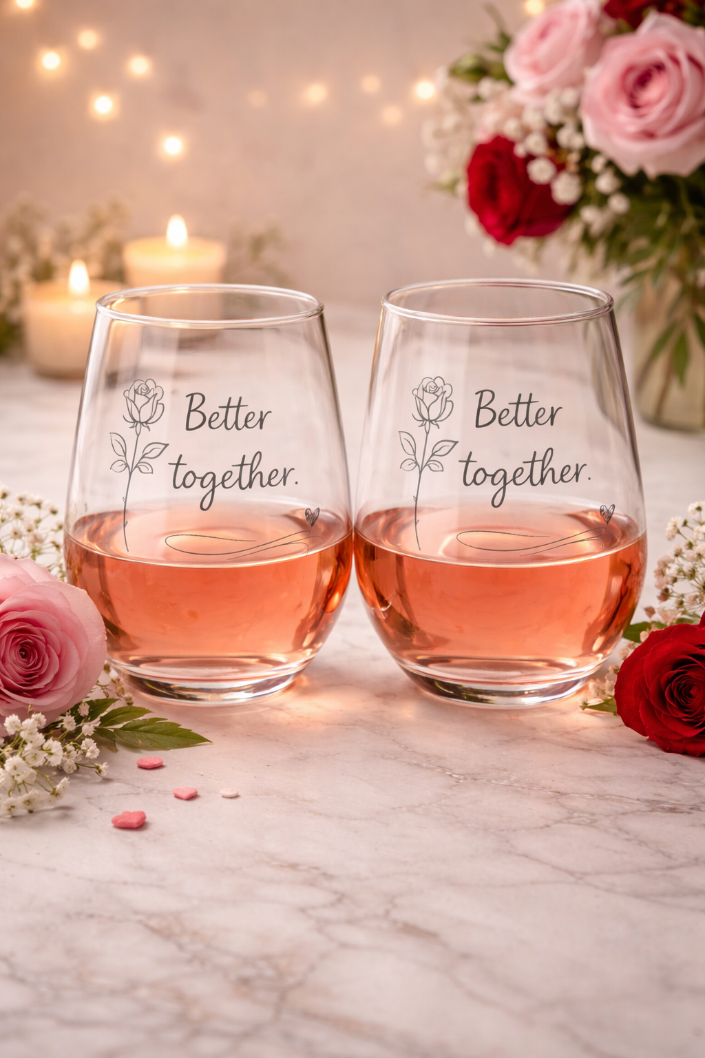 Two stemless wine glasses with 'Better together.' text on a marble surface with flowers and candles.