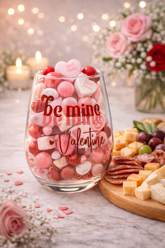Stemless wine glass filled with Valentine's Day candy and 'Be mine Valentine' text, surrounded by snacks and flowers.
