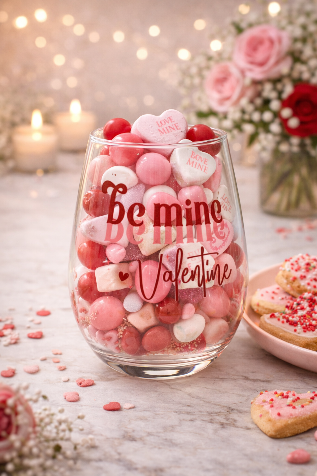 Stemless wine glass filled with Valentine's Day-themed candies on a decorative table.