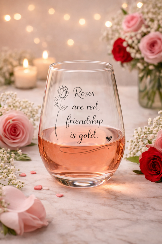 Stemless wine glass with 'Roses are red, friendship is gold' text on a table with flowers and candles.